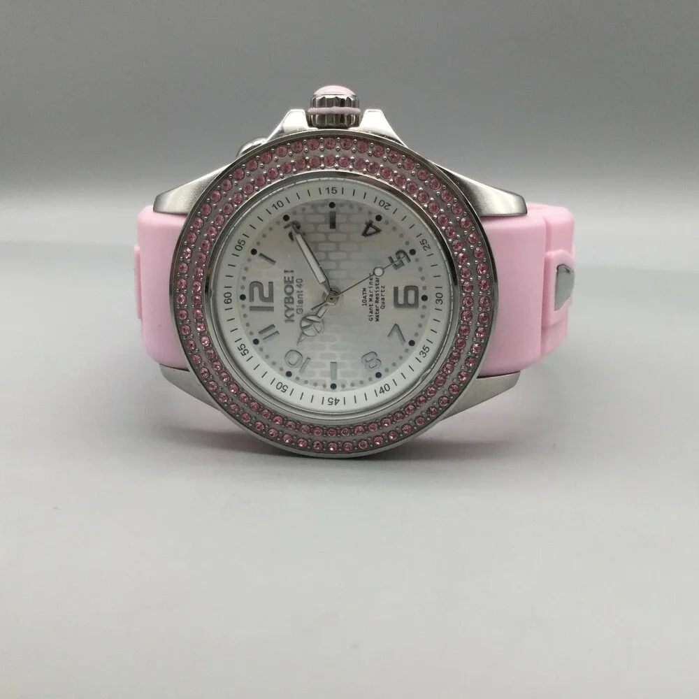 Kyboe! Giant 40 Watch Women 40mm Silver Tone Pink Crystals New Battery